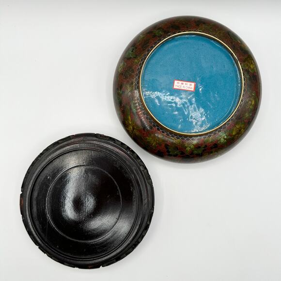 Vintage Chinese Cloisonne Enamel Bowl with Carved Lacquer Wood Stand - Picture 9 of 13